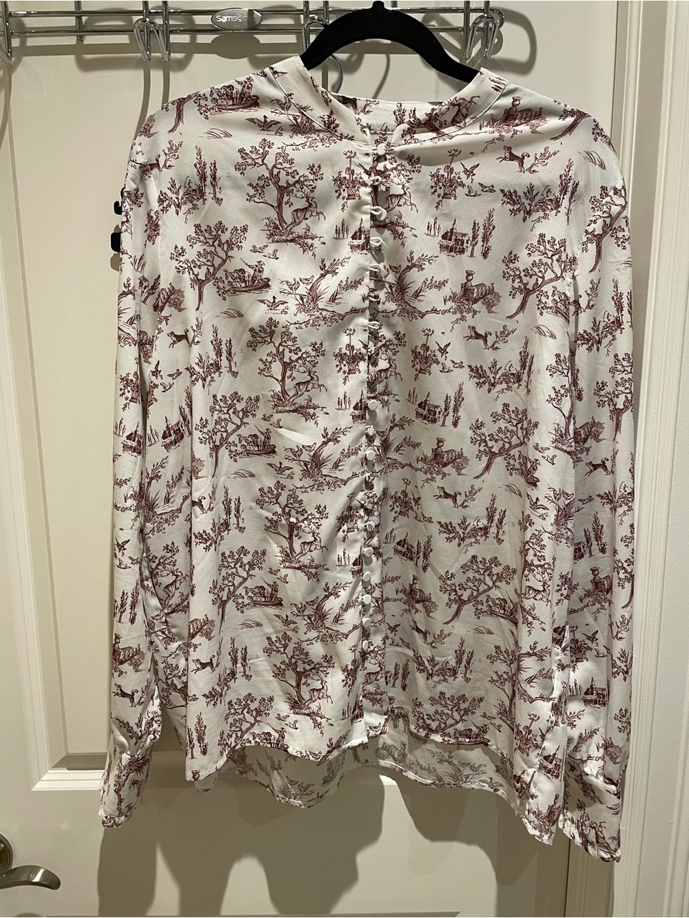 Simons White Blouse with Burgundy Toile Print